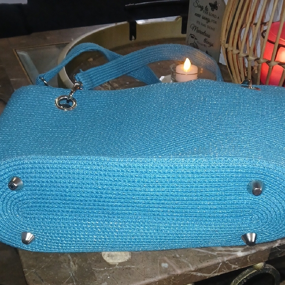 Vibrant Blue Tote with Gold Hardware and Textured Fabric - Picture 6 of 6